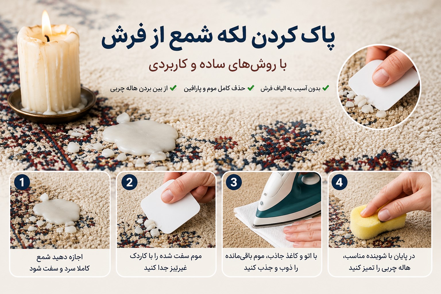 روش‌های پاک كردن شمع از روی فرش
